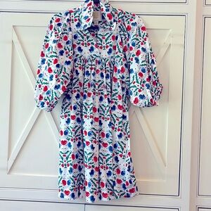 Emily McCarthy EUC Stella Dress XS white background, red, coral, blue, green